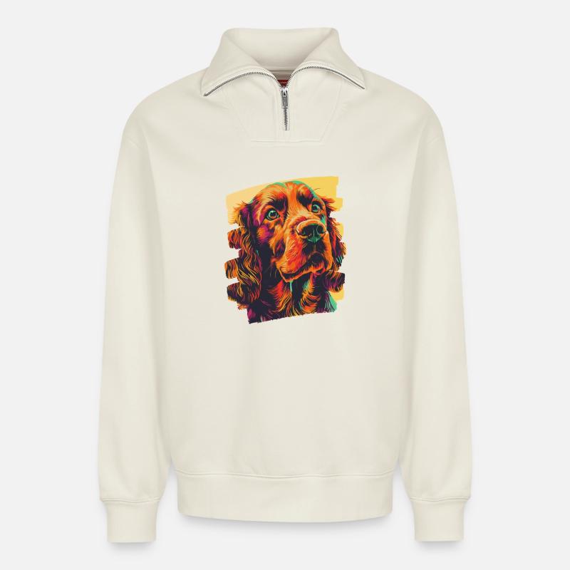 Cocker Spaniel - Sweat unisexe décontracté en coton biologique à demi-zip – de SPREAD - blanc cassé