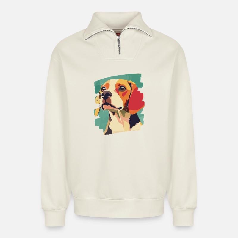 Beagle - Sweat unisexe décontracté en coton biologique à demi-zip – de SPREAD - blanc cassé