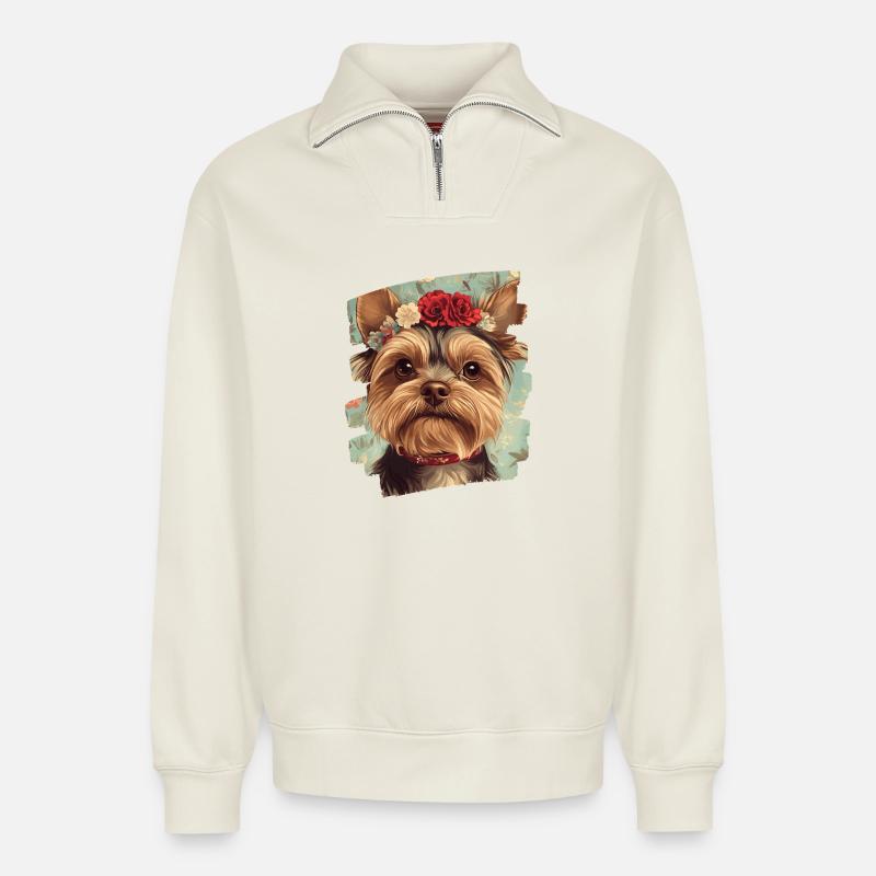 Yorkshire Terrier - Sweat unisexe décontracté en coton biologique à demi-zip – de SPREAD - blanc cassé