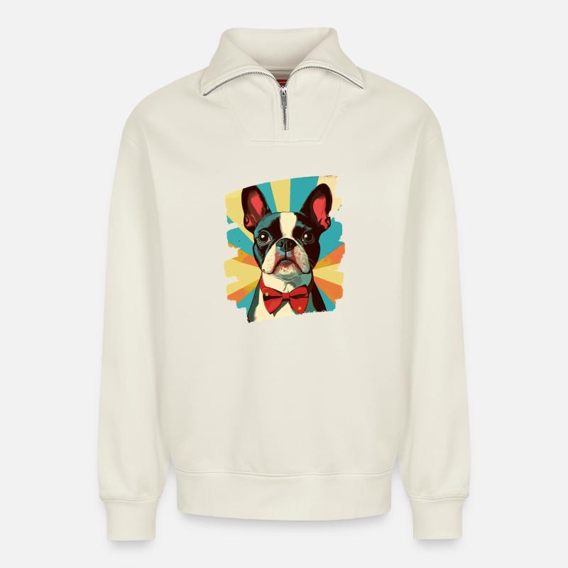 Boston Terrier - Relaxed Unisex Organic Half Zip Sweatshirt – von SPREAD - Naturweiß