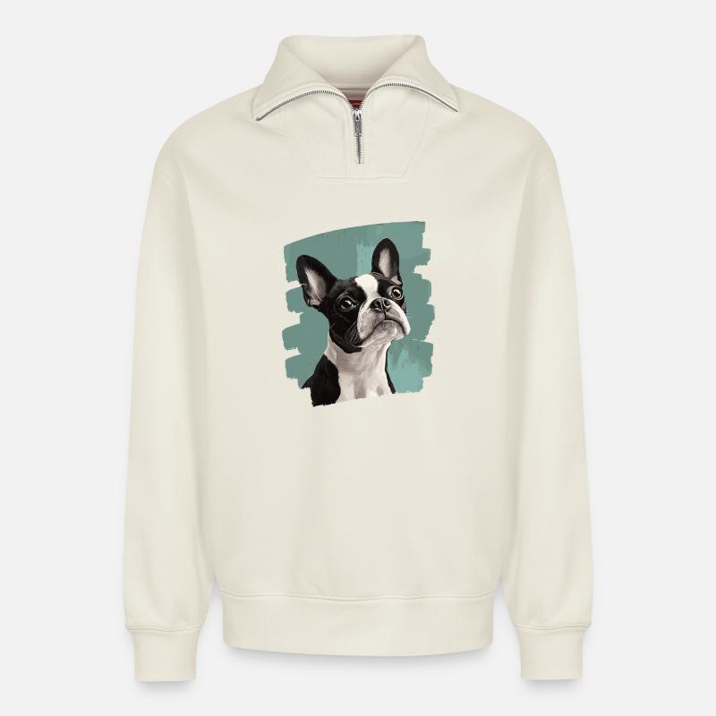 Boston Terrier - Sweat unisexe décontracté en coton biologique à demi-zip – de SPREAD - blanc cassé