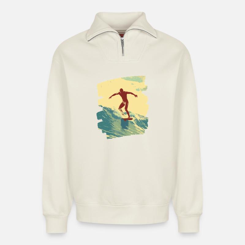Surfeur - Sweat unisexe décontracté en coton biologique à demi-zip – de SPREAD - blanc cassé