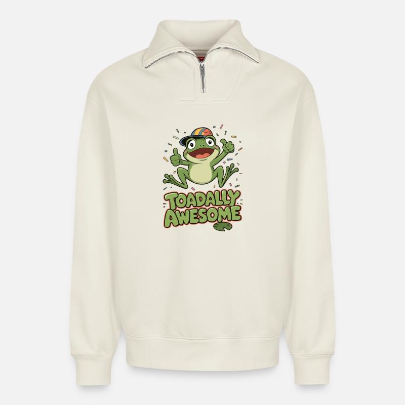 Toadally Awesome Frosch-Grafik - Relaxed Unisex Organic Half Zip Sweatshirt – von SPREAD - Naturweiß
