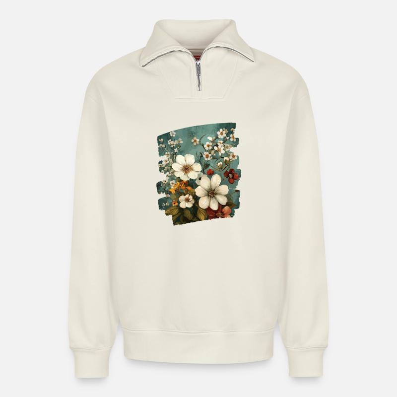 Printemps Printemps Début Fleur Fleurs - Sweat unisexe décontracté en coton biologique à demi-zip – de SPREAD - blanc cassé