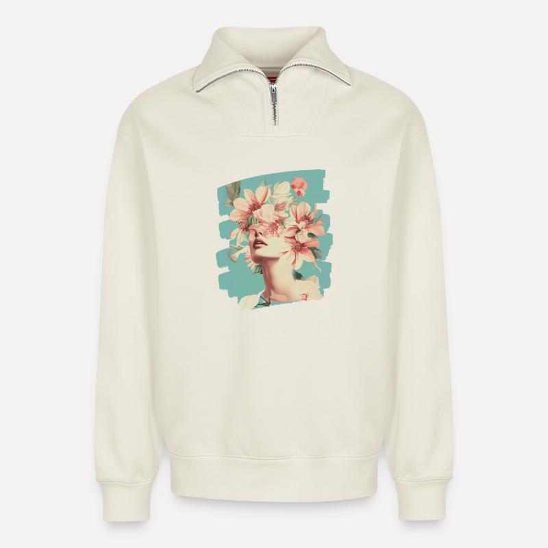 Spring Spring Beginning Flowers - Relaxed Unisex Organic Half Zip Sweatshirt – by SPREAD - off white