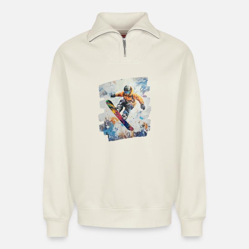 Snowboarder Pulverschnee - Relaxed Unisex Organic Half Zip Sweatshirt – von SPREAD - Naturweiß