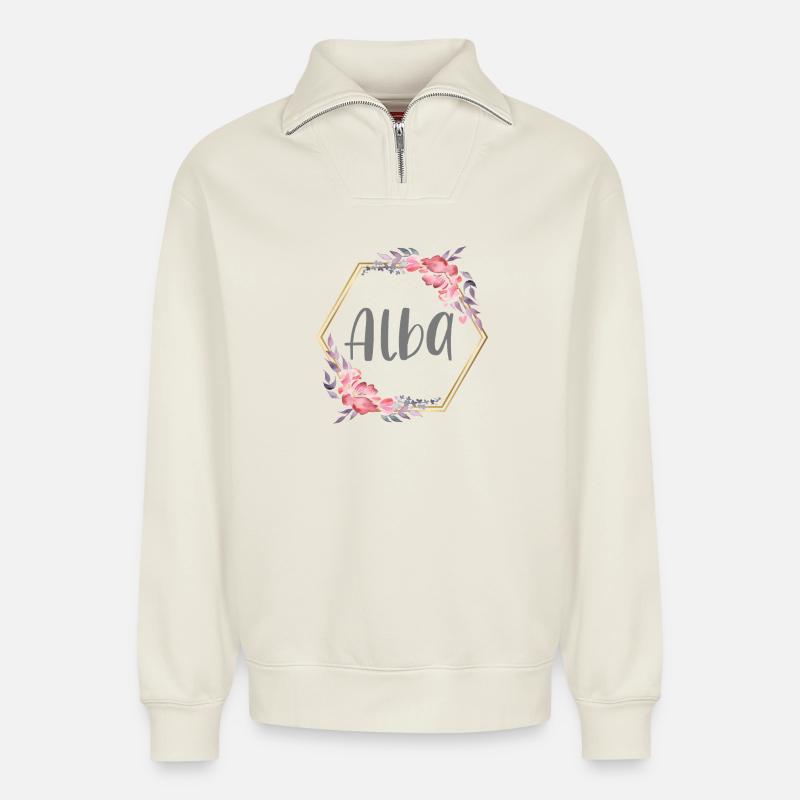 Alba Mädchen Name personalisiertes Geschenk - Relaxed Unisex Organic Half Zip Sweatshirt – von SPREAD - Naturweiß