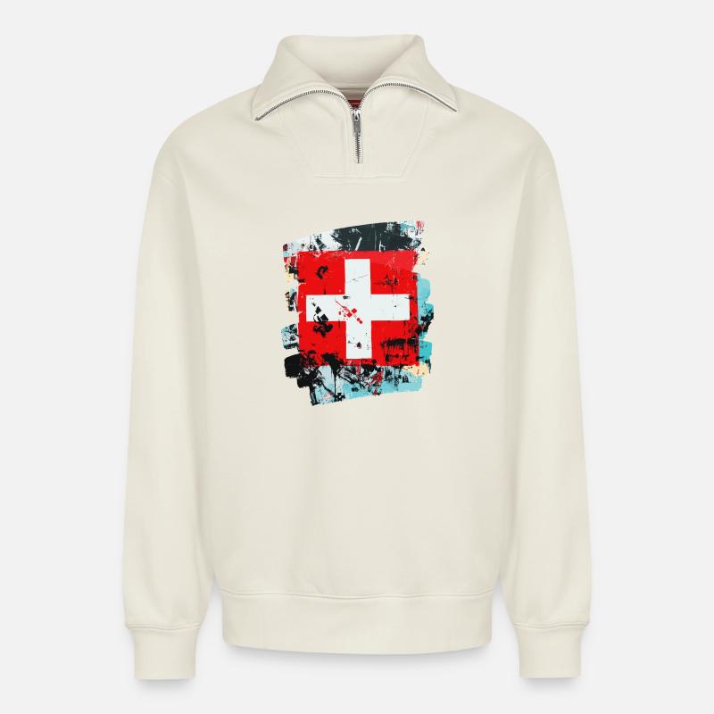 Schweizer Flagge Schweiz - Relaxed Unisex Organic Half Zip Sweatshirt – von SPREAD - Naturweiß