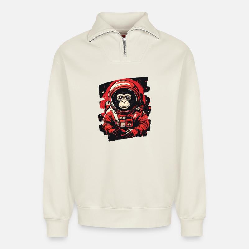 Singe astronaute - Sweat unisexe décontracté en coton biologique à demi-zip – de SPREAD - blanc cassé