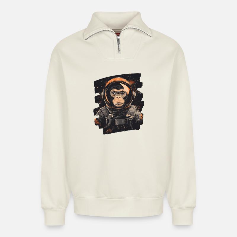 Singe astronaute - Sweat unisexe décontracté en coton biologique à demi-zip – de SPREAD - blanc cassé