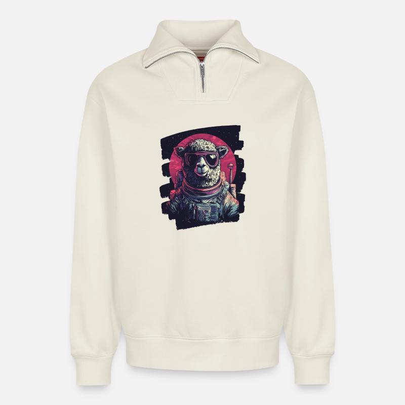 Lama Astronaut - Relaxed Unisex Organic Half Zip Sweatshirt – von SPREAD - Naturweiß