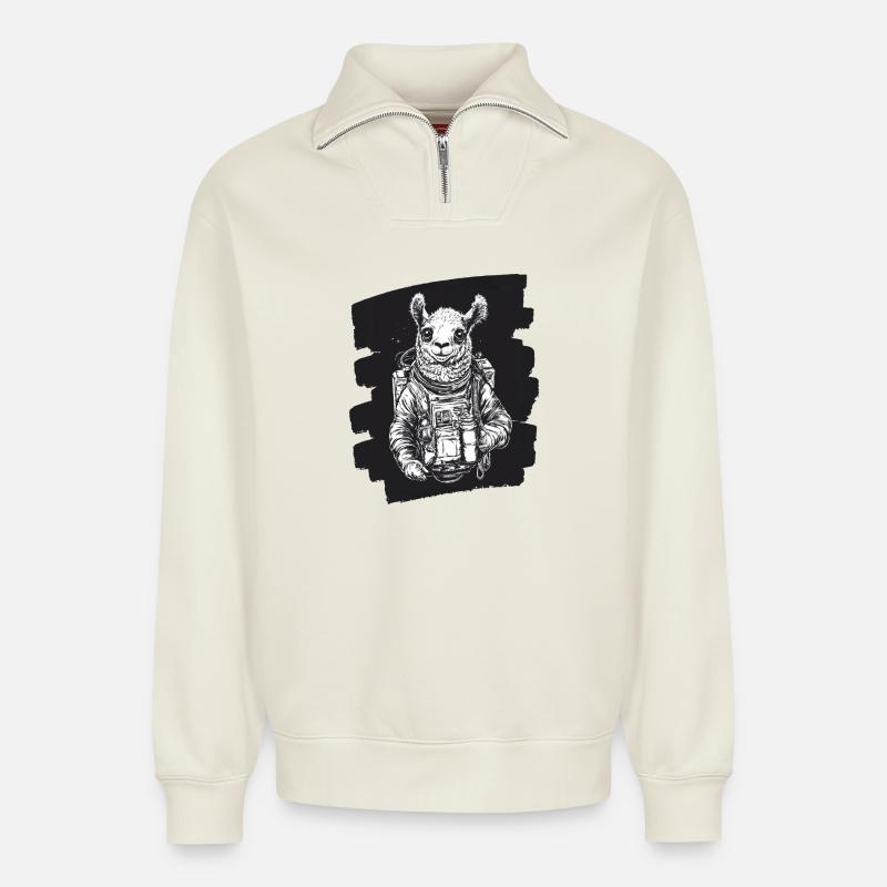 Lama Astronaut - Relaxed Unisex Organic Half Zip Sweatshirt – von SPREAD - Naturweiß