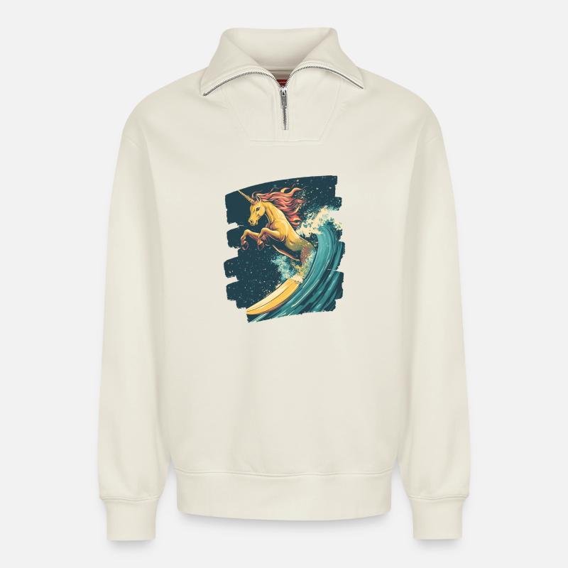 Licorne - Sweat unisexe décontracté en coton biologique à demi-zip – de SPREAD - blanc cassé