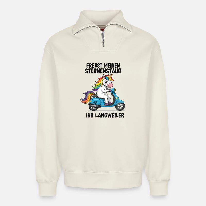 Roller-Einhorn - Relaxed Unisex Organic Half Zip Sweatshirt – von SPREAD - Naturweiß