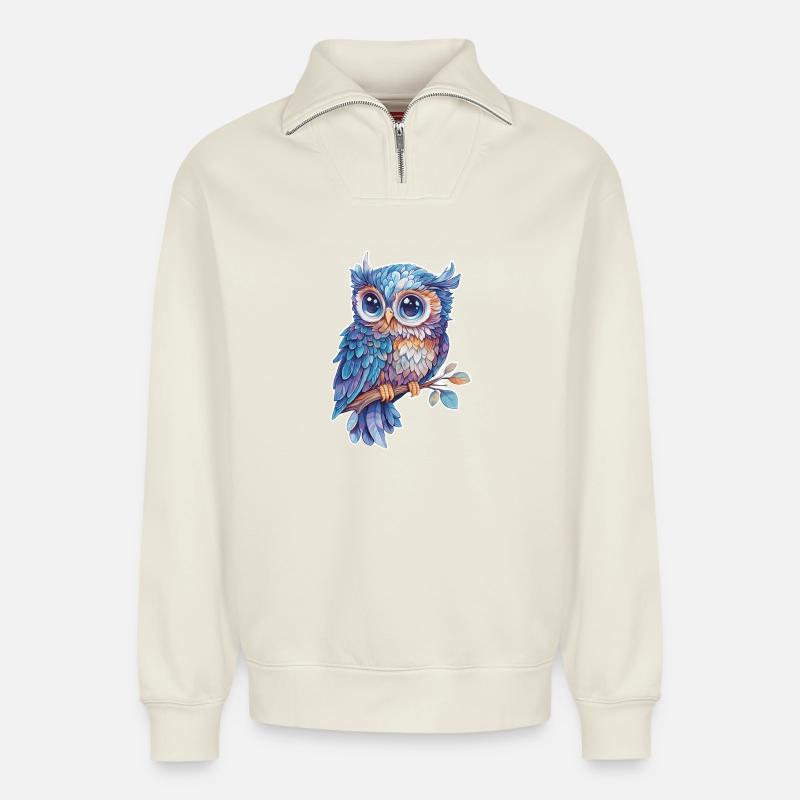 Eule - Relaxed Unisex Organic Half Zip Sweatshirt – von SPREAD - Naturweiß