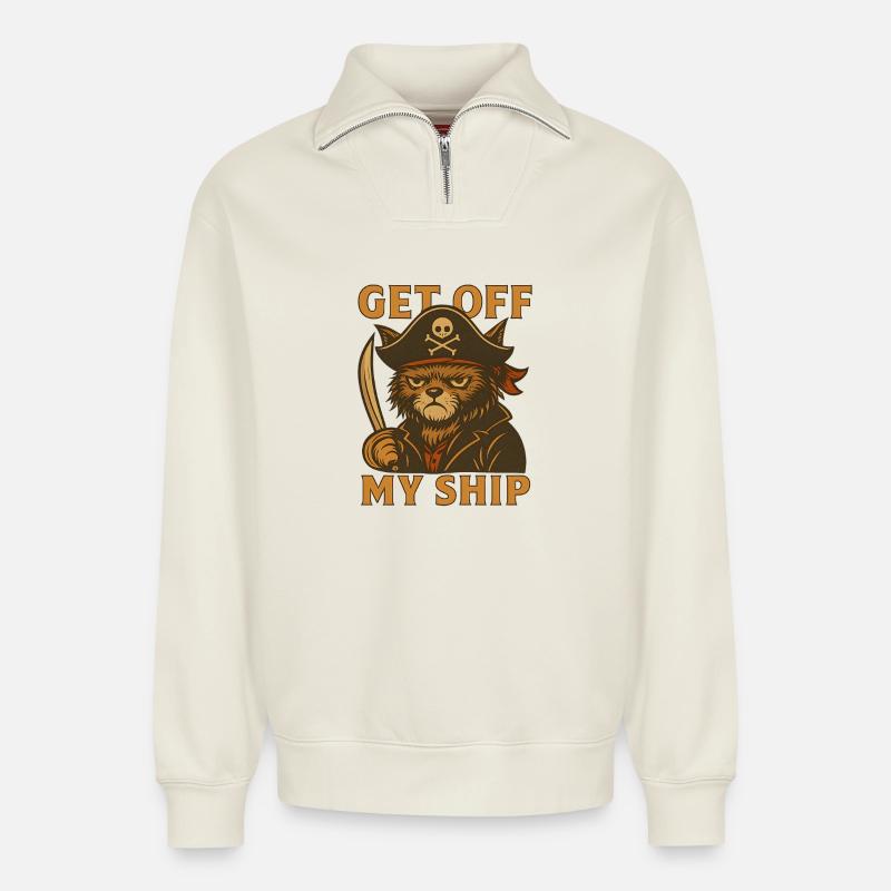 Descends de mon navire – Pirate Cat - Sweat unisexe décontracté en coton biologique à demi-zip – de SPREAD - blanc cassé