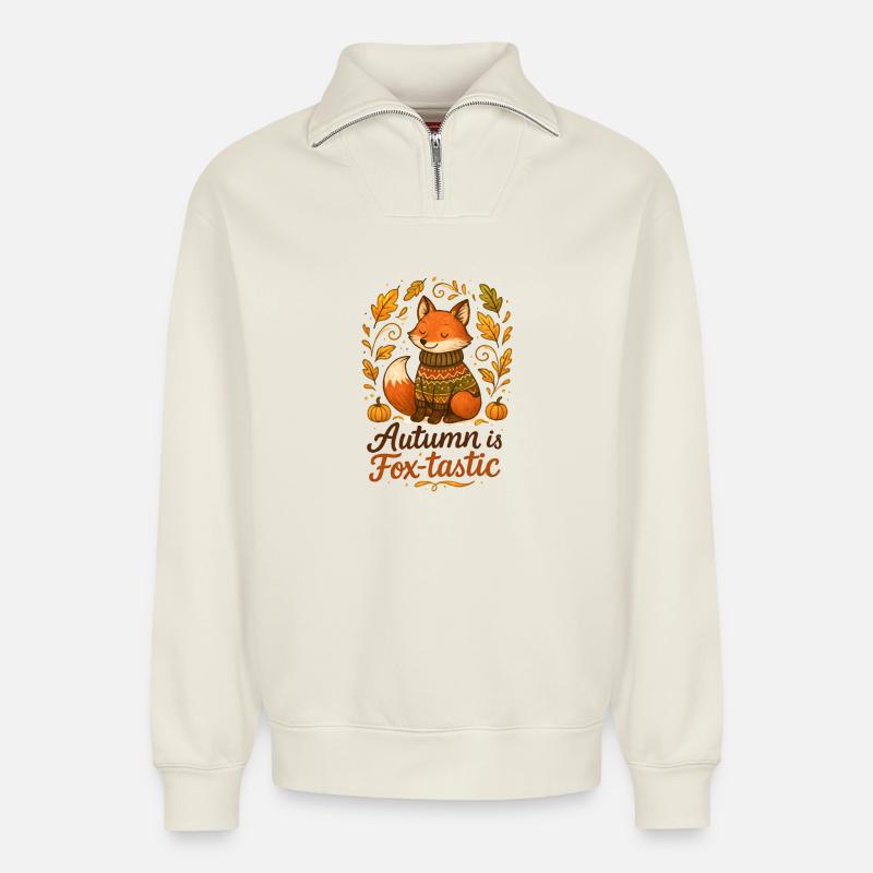Herbstlicher Fuchs mit Pullover und Kürbissen - Relaxed Unisex Organic Half Zip Sweatshirt – von SPREAD - Naturweiß