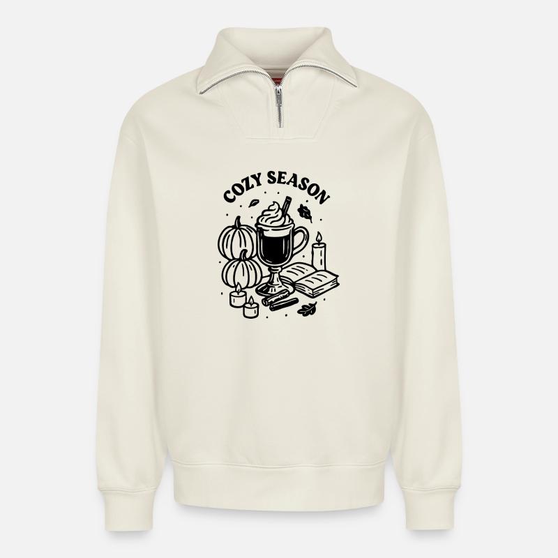 Saison douillette, Illustration d’automne - Sweat unisexe décontracté en coton biologique à demi-zip – de SPREAD - blanc cassé
