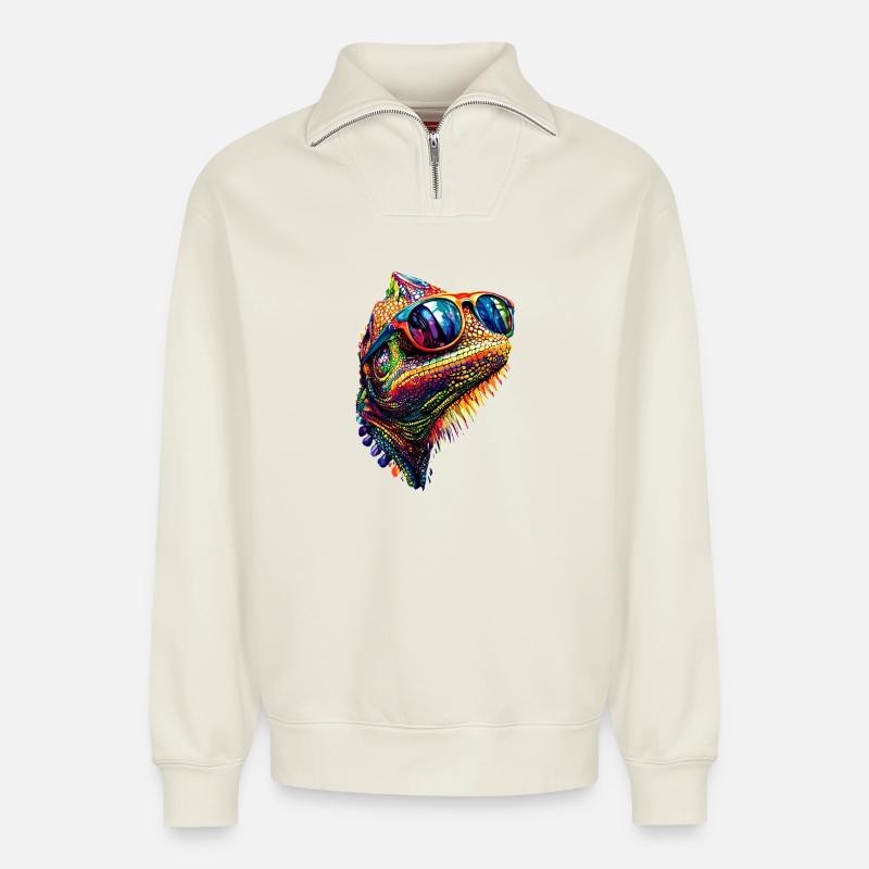 Chamäleon Echse Reptil Chameleon Leguan Eidechse - Relaxed Unisex Organic Half Zip Sweatshirt – von SPREAD - Naturweiß