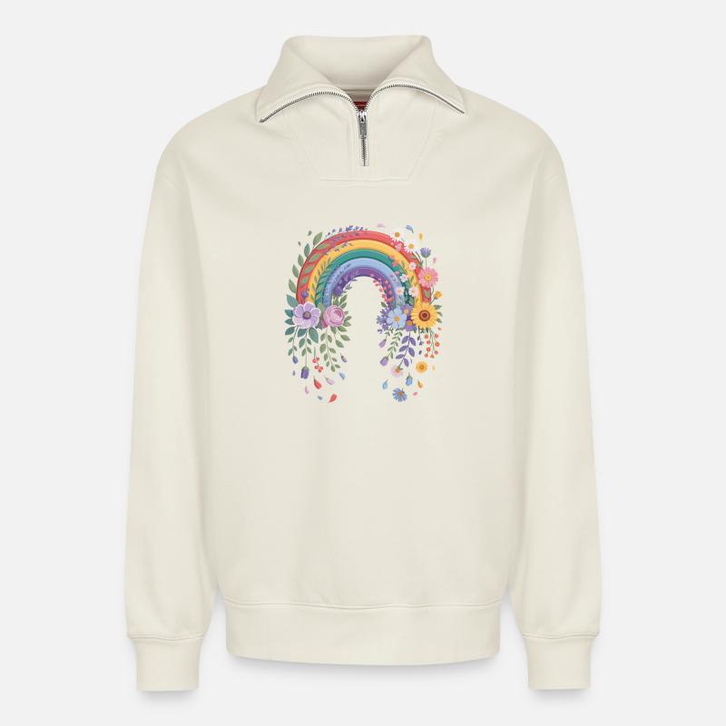 Verspielter Regenbogen mit Blumen - Relaxed Unisex Organic Half Zip Sweatshirt – von SPREAD - Naturweiß