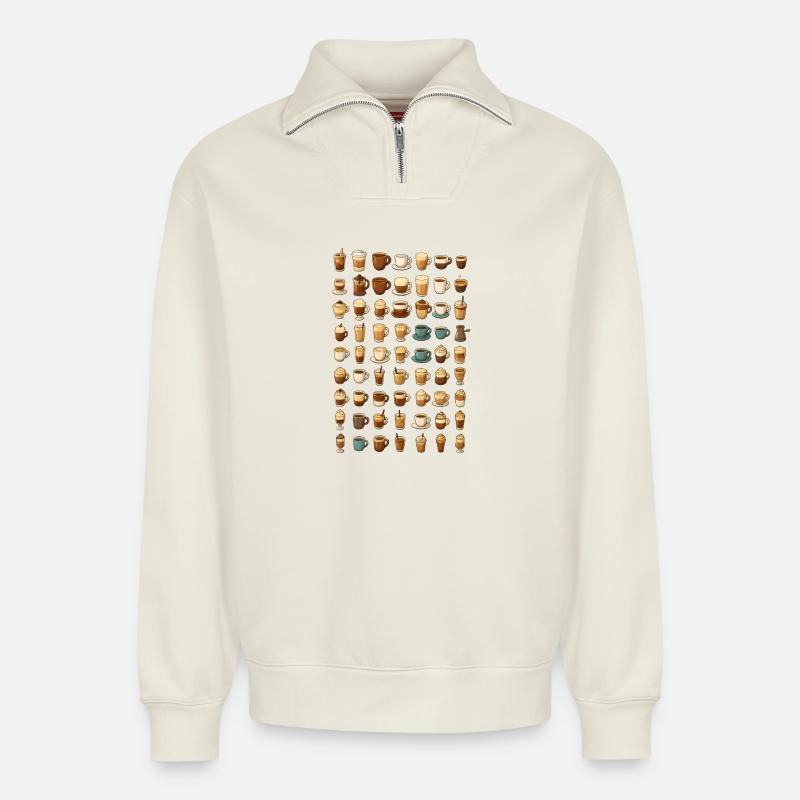 Various coffee drinks illustration - Relaxed Unisex Organic Half Zip Sweatshirt – by SPREAD - off white