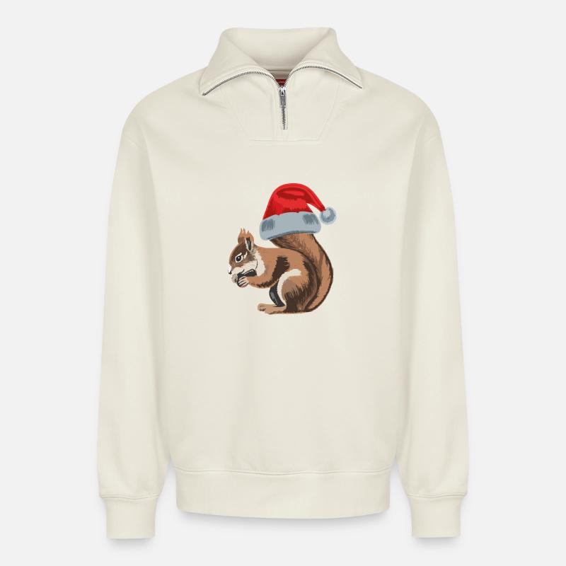 Cute squirrel with Santa hat - Relaxed Unisex Organic Half Zip Sweatshirt – von SPREAD - Naturweiß