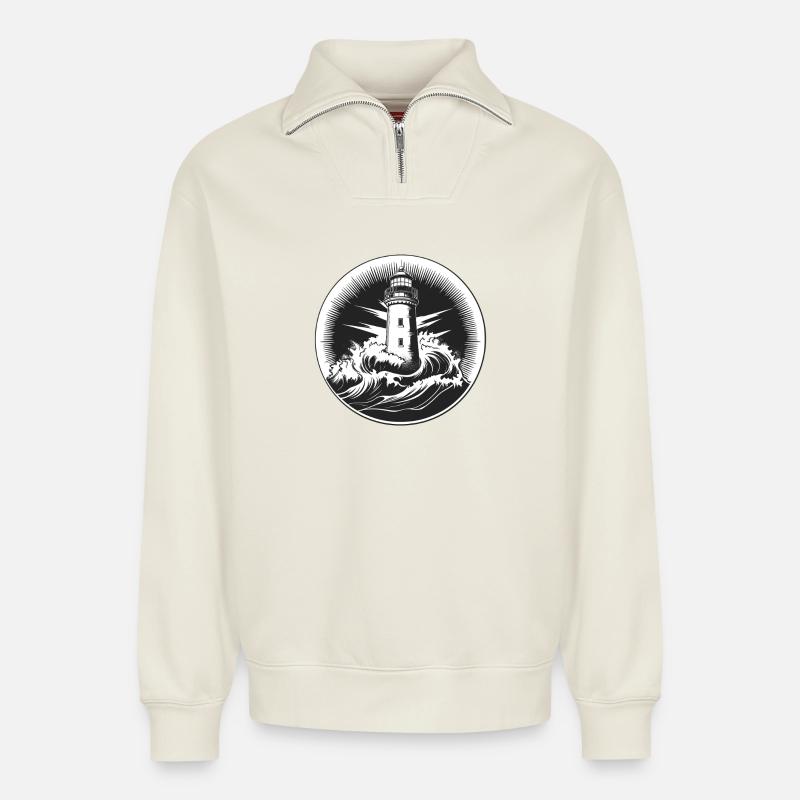 Leuchtturm im Sturm - Relaxed Unisex Organic Half Zip Sweatshirt – von SPREAD - Naturweiß