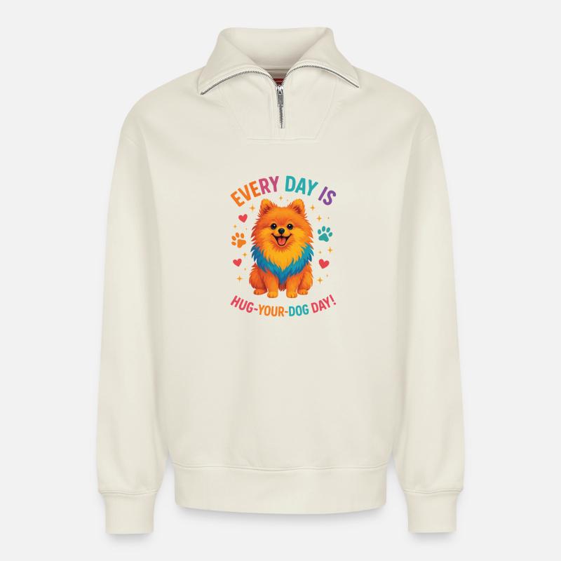 dwarf spitz - Relaxed Unisex Organic Half Zip Sweatshirt – by SPREAD - off white