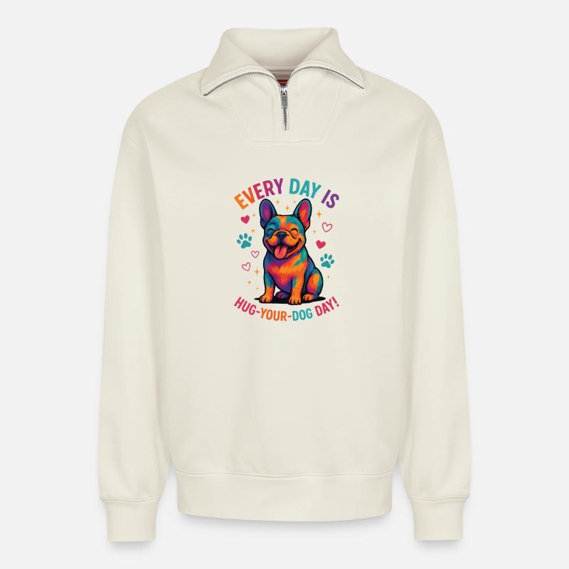 Bouledogue français - Sweat unisexe décontracté en coton biologique à demi-zip – de SPREAD - blanc cassé