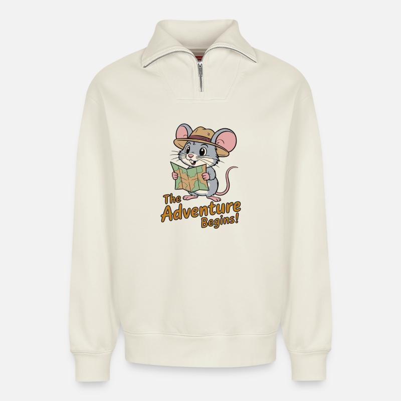 Whimsical Mouse Explorer Design - Relaxed Unisex Organic Half Zip Sweatshirt – by SPREAD - off white