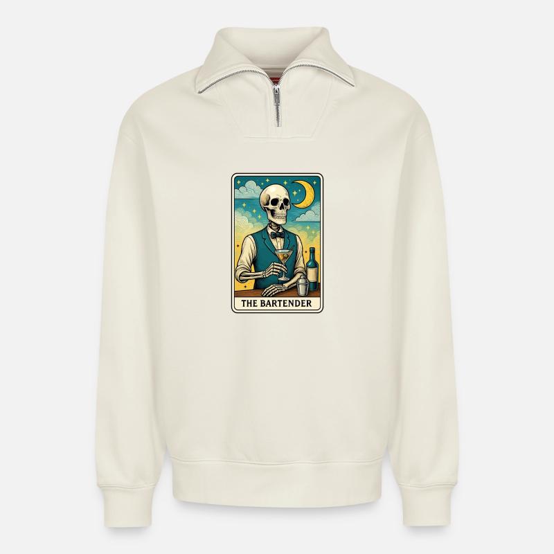 Skeleton bartender with moon sky - Relaxed Unisex Organic Half Zip Sweatshirt – by SPREAD - off white