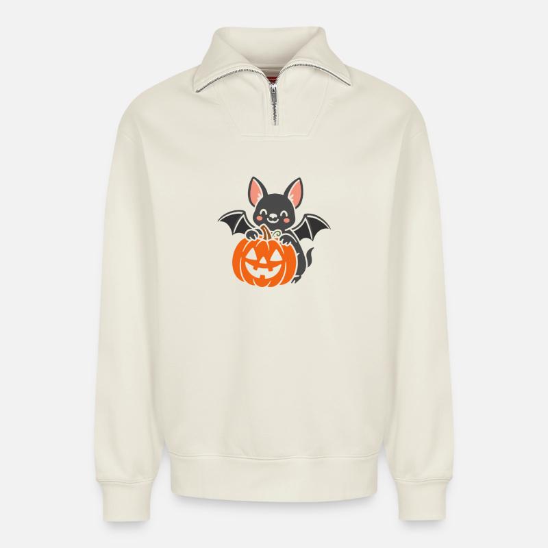 Süßer Halloween-Knabbermaus mit Kürbis - Relaxed Unisex Organic Half Zip Sweatshirt – von SPREAD - Naturweiß
