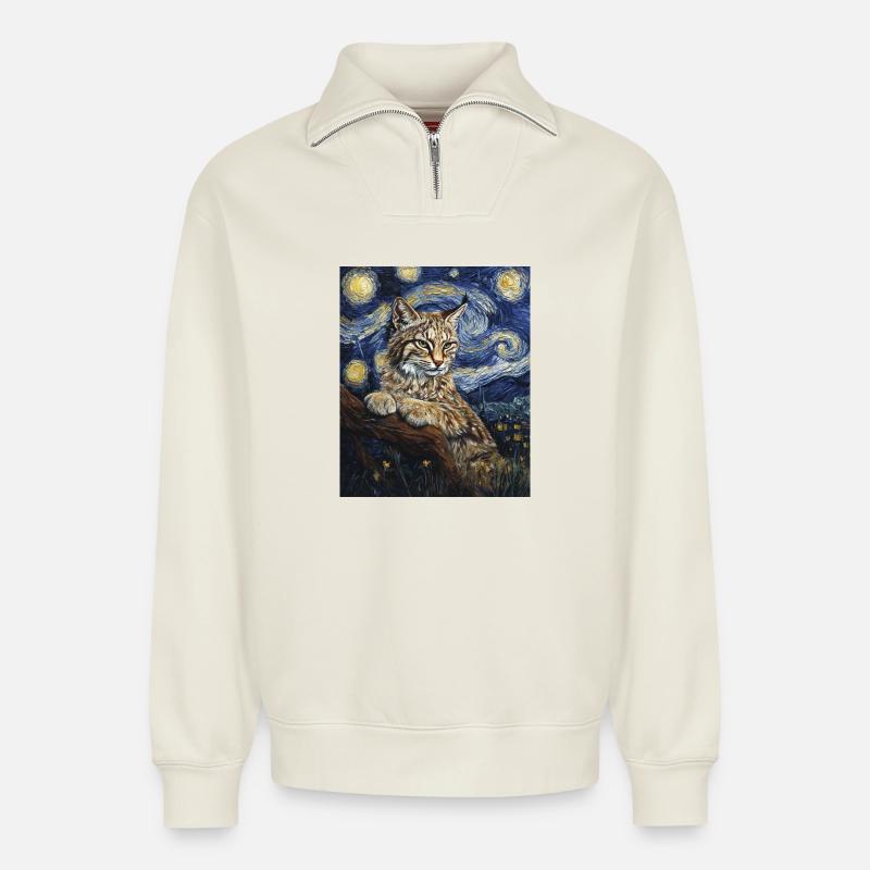 Luchs Van Gogh Style Starry  - Relaxed Unisex Organic Half Zip Sweatshirt – von SPREAD - Naturweiß