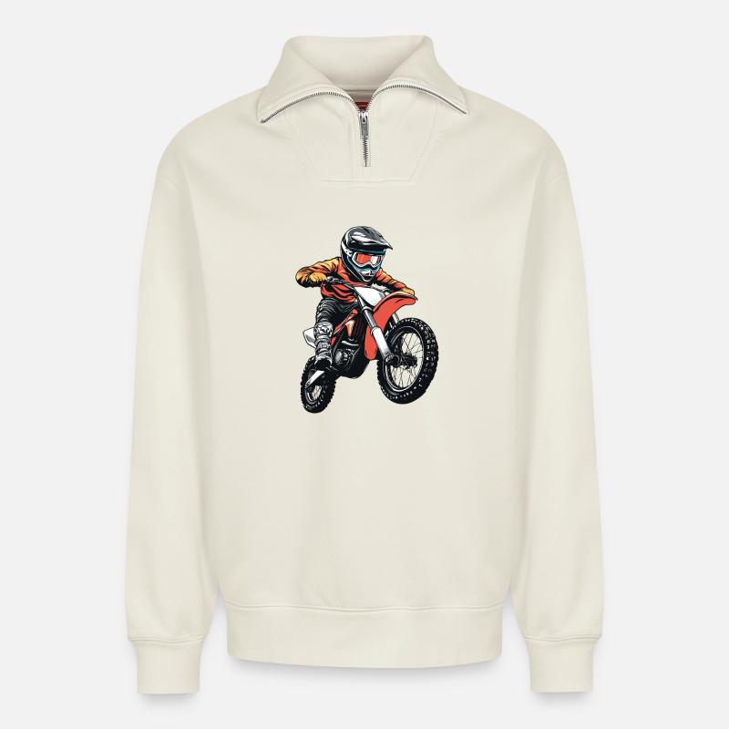 Motocross - Relaxed Unisex Organic Half Zip Sweatshirt – von SPREAD - Naturweiß