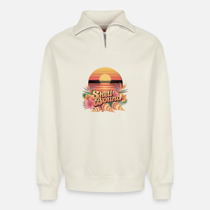 Shell Bound Tropical Sunset Landscape - Relaxed Unisex Organic Half Zip Sweatshirt – by SPREAD - off white