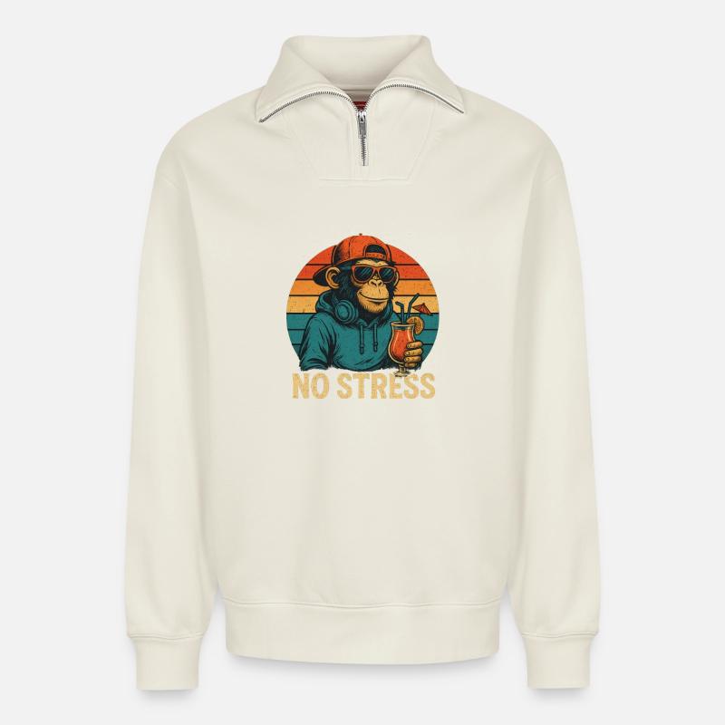 No Stress - Monkey - Relaxed Unisex Organic Half Zip Sweatshirt – by SPREAD - off white