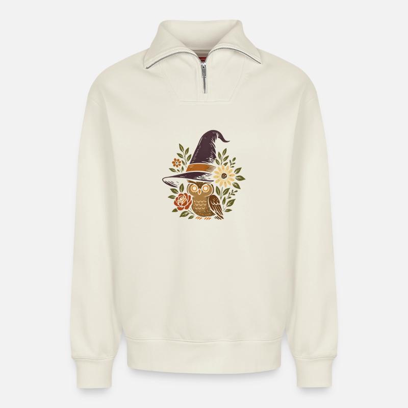 Eule im Zauberhut mit Blumen - Relaxed Unisex Organic Half Zip Sweatshirt – von SPREAD - Naturweiß