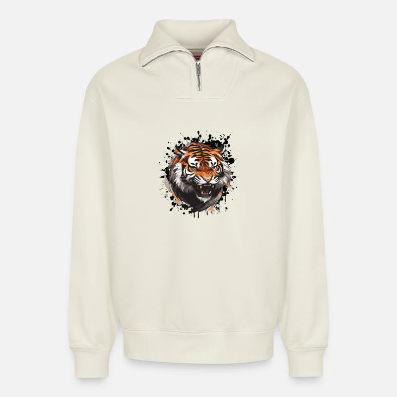 Tiger Tier - Relaxed Unisex Organic Half Zip Sweatshirt – von SPREAD - Naturweiß