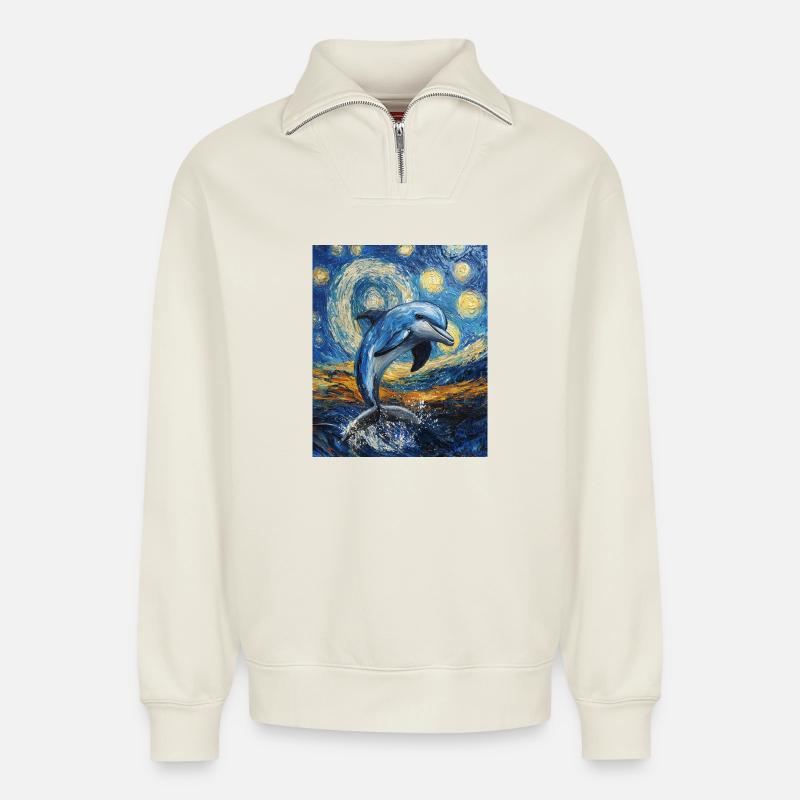 Delfin Van Gogh Style Starry  - Relaxed Unisex Organic Half Zip Sweatshirt – von SPREAD - Naturweiß