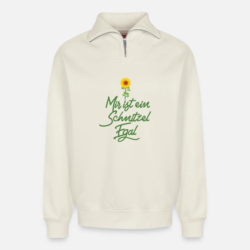Mir ist ein Schnitzel egal - Relaxed Unisex Organic Half Zip Sweatshirt – von SPREAD - Naturweiß