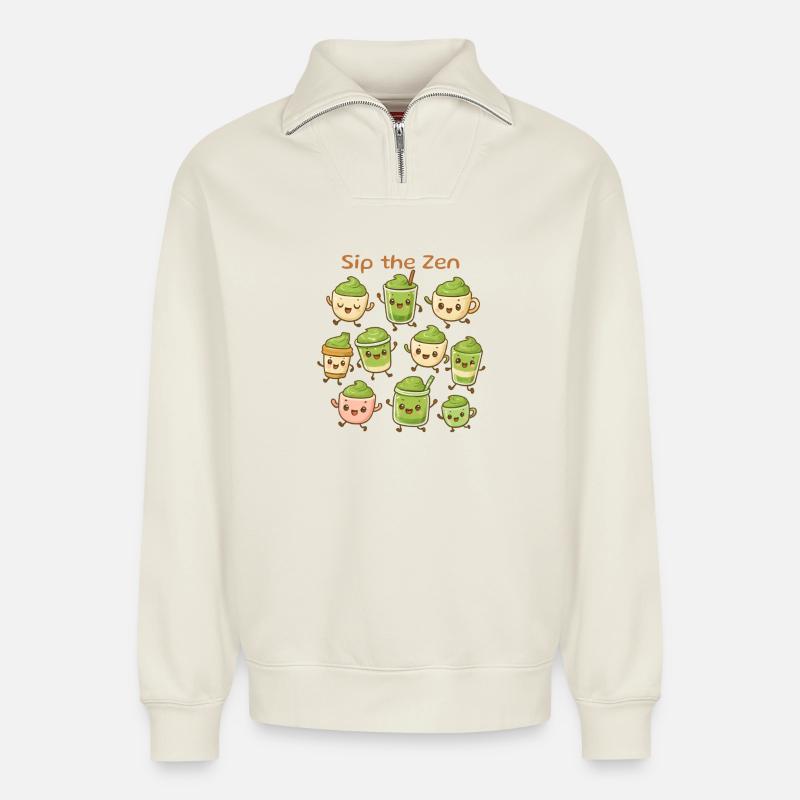 Matcha Tee / Matcha Latte Fans - Relaxed Unisex Organic Half Zip Sweatshirt – von SPREAD - Naturweiß