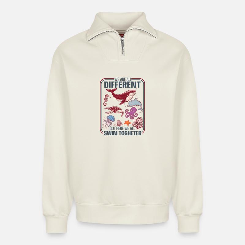 Underwater Diversity Unity Design - Relaxed Unisex Organic Half Zip Sweatshirt – by SPREAD - off white