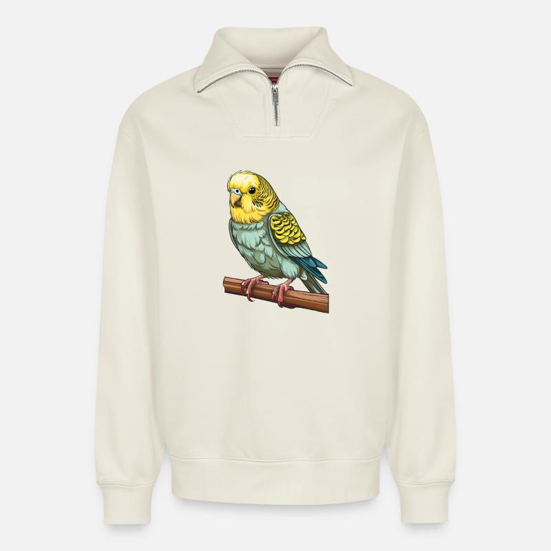 PERRUCHE OISEAU - Sweat unisexe décontracté en coton biologique à demi-zip – de SPREAD - blanc cassé