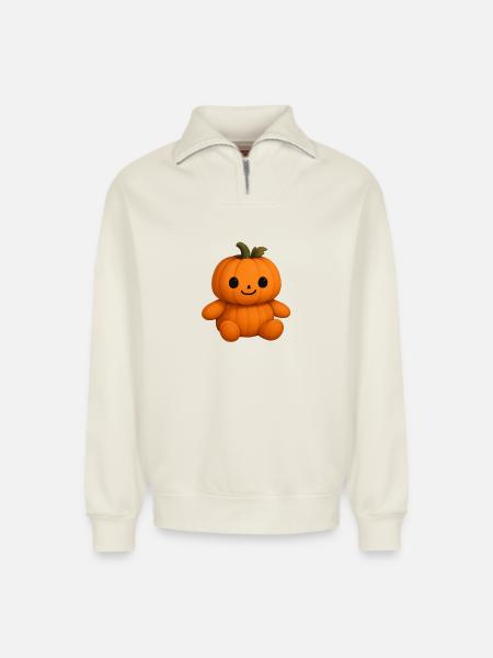 Cute pumpkin teddy bear friendly face - Relaxed Unisex Organic Half Zip Sweatshirt – by SPREAD - off white