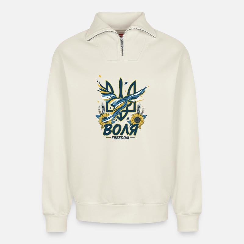 Wolja Freiheits-Dreizack - Relaxed Unisex Organic Half Zip Sweatshirt – von SPREAD - Naturweiß