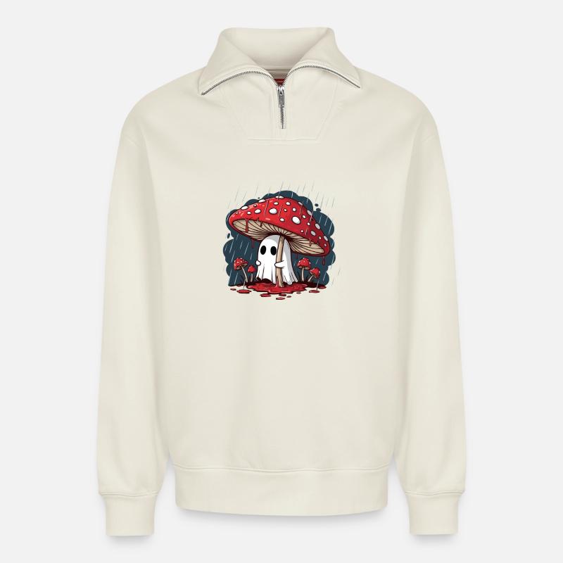 Fly Agaric Ghost — Gruseliger Halloween-Pilzgeist - Relaxed Unisex Organic Half Zip Sweatshirt – von SPREAD - Naturweiß