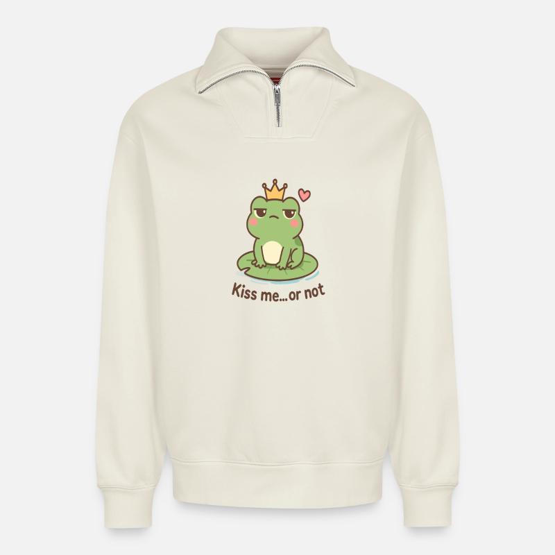 Kussfrosch König – Küss mich oder nicht - Relaxed Unisex Organic Half Zip Sweatshirt – von SPREAD - Naturweiß