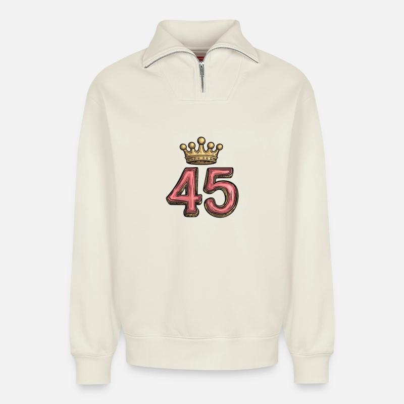 45 Zahl Krone - Relaxed Unisex Organic Half Zip Sweatshirt – von SPREAD - Naturweiß