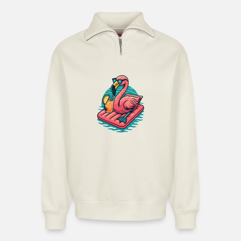 Flamingo Beach Lounge-Atmosphäre - Relaxed Unisex Organic Half Zip Sweatshirt – von SPREAD - Naturweiß