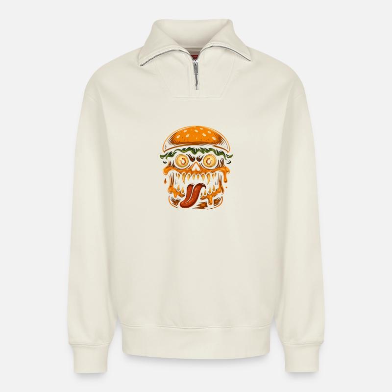 Burger Schädel Monster - Relaxed Unisex Organic Half Zip Sweatshirt – von SPREAD - Naturweiß